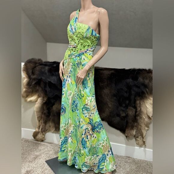 Chic Design One-Shoulder Floral-print Beaded Chiffon Evening Dress - Picture 3 of 16